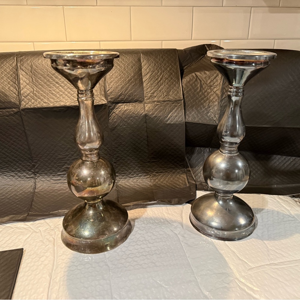TWO New Pottery Barn Eclectic Silver Pillar & Taper Candle Holder Set